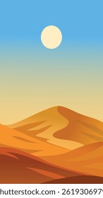 Beautiful desert landscape with golden sand dunes under the hot sun. Warm tones and smooth textures create a serene, minimal scene perfect for backgrounds and natural themes.