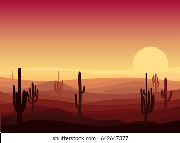 Beautiful desert landscape template with cactuses and sand dunes at sunset vector illustration