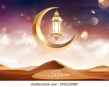 Beautiful desert sunset scenery with metal moon and lantern decoration. 3d Islamic holiday celebration background suitable for Ramadan, Eid al-Fitr or Hari Raya.