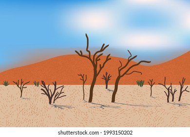 Beautiful desert view with stylized dunes, trees, grass and bushes. Bright day light.