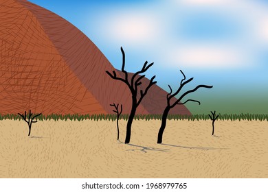 Beautiful desert view with stylized mountains, trees, grass and bushes. Bright day light.
