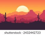 Beautiful desert wild west landscape with mountains and cacti at sunset. Vector illustration of desert nature with silhouettes of cacti, bushes and sandstones.