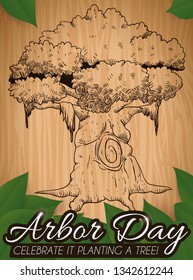 Beautiful design of a ancient tree carved in wood with some leaves around it promoting Arbor Day celebration and planting events.