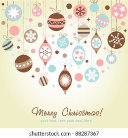 Beautiful design Christmas greeting card with xmas toys, balls and stars