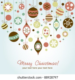 Beautiful design Christmas greeting card with xmas toys, balls and stars. Vector illustration