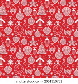 Hermoso diseño Navidad patrón sin fisuras con juguetes de navidad, bolas, copos de nieve y estrellas de fondo rojo. Patrón de superficie geométrica gráfica.