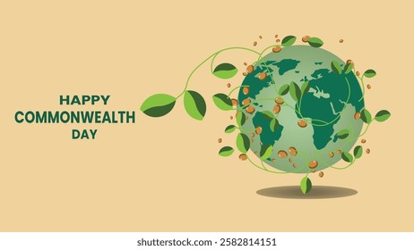 A beautiful design for Commonwealth Day showing the Earth surrounded by vibrant green leaves, representing nature, sustainability, and the unity of Commonwealth nations in environmental responsibility