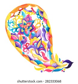 Beautiful design element. Colorful vector decorative paisley. Hand drawn illustration painted by watercolor.