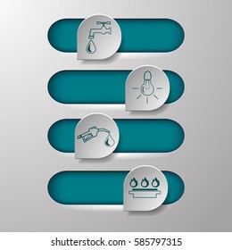 Beautiful design elements for a site on the subject of resources. Water tap, light, gas ring stove, charging hose.