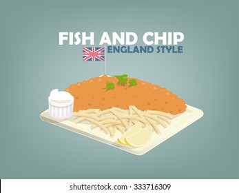 beautiful design of fish and chip,lime and mayonnaise on flat dish,english food style