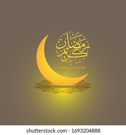 Beautiful Design Greeting card of Ramadan Kareem with circle Arabic Calligraphy, moon crescent and ornament on the button, the script mean"Ramadan Generous(month)"