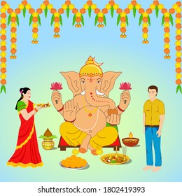 Beautiful design poster of sri Ganesha in sitting position and blessing with Indian priest and people in a traditional dressing and performing prayers. Beautiful background and well decorated.