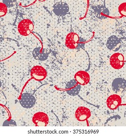 Beautiful design with ripe cherries on a garden table - ink sketch - vector seamless pattern