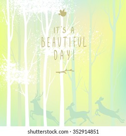 Beautiful design stylish card with tall white trees and deer. Vector illustration.