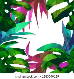 Beautiful design template with low poly tropical leaves on light background for decorative design. Geometric art. Abstract art template. Decorative symbol. Colorful geometric vector illustration