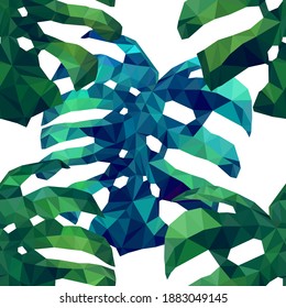 Beautiful design template with low poly tropical leaves on light background for decorative design. Geometric art. Abstract art template. Decorative symbol. Colorful geometric vector illustration