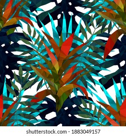 Beautiful design template with low poly tropical leaves on light background for decorative design. Geometric art. Abstract art template. Decorative symbol. Colorful geometric vector illustration