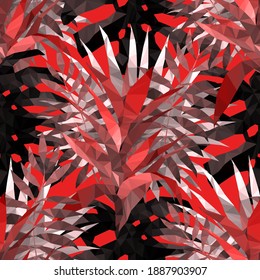 Schöne Design-Vorlage mit Low-Poly-tropischen Blättern auf dunklem Hintergrund für dekoratives Design. Geometrische Kunst. Abstrakte Kunstvorlage. Dekoratives Symbol. Farbige geometrische Vektorgrafik
