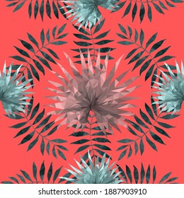 Hermosa plantilla de diseño con hojas tropicales de bajo color sobre fondo rojo para el diseño decorativo. Arte geométrico. Plantilla de arte abstracto. Símbolo decorativo. Ilustración de vector geométrico colorido