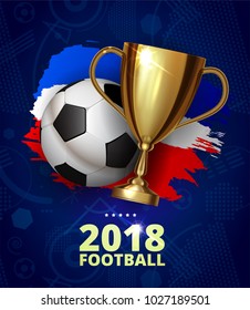 Beautiful design template mock up football 2018 world championship tournament soccer league. Soccer logo football with ball and golden cup with brush ink three color flag. Vector