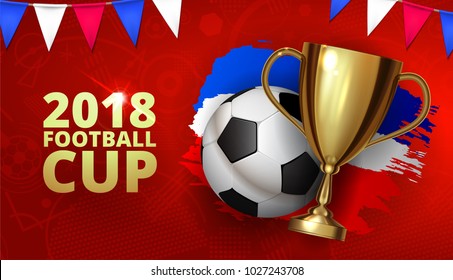 Beautiful design template mock up football 2018 world championship tournament soccer league. Soccer logo football with ball and golden cup with brush ink three color flag. Vector