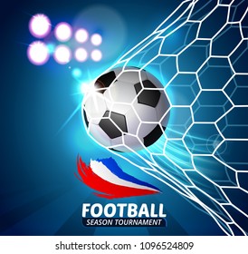 Beautiful design template mock up football world championship season tournament soccer league. Soccer Ball with football mesh, goal  with brush ink France flag. Vector illustration