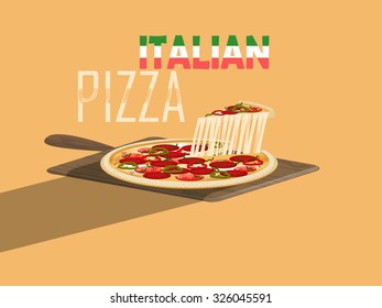 beautiful design vector of italian pizza with cheese and pizza paddle on yellow background,italian food concept design