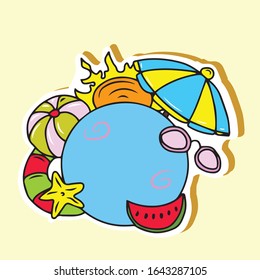 Beautiful design of vector stickers .Glasses umbrella for the beach, a circle and a ball, a piece of juicy watermelon and the sun. Design of banners and postcards.Rest