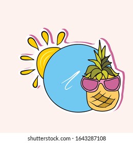 Beautiful design of vector stickers .Pineapple with glasses and sun. Design of banners and postcards.Rest