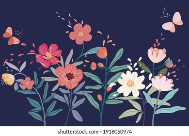 Beautiful design for wedding or women's day. Flowers with leaves and butterflies, vector elements