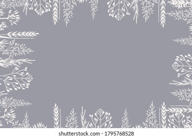 Beautiful design with a winter background for your text, illustrations for postcards and invitations. Dry white grass frame covered with hoarfrost. Botanical illustration.
