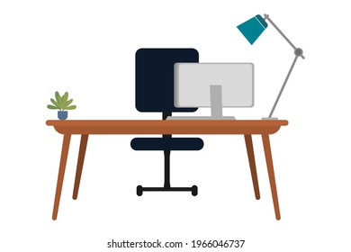 Beautiful desk with desktop chair table lamp plant isolated on white background
