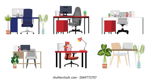 Beautiful desk set for home office freelancer with different design with chair table drawer cabinet some paper pile file folder and house plants