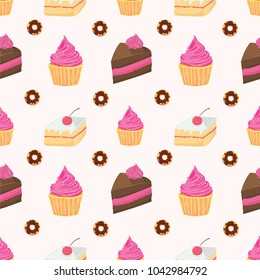 Beautiful desserts, cake and cupcake are painted on white background in watercolor style. Seamless pattern.