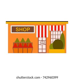 Beautiful detailed cityscape shop townhouses. Small town street with cartoon building facade. Template for web, graphic, game and motion design. Vector illustration flat icon