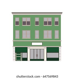 Beautiful detailed cityscape townhouse. Small town street with victorian building facades. Template for web, graphic, game app and motion design. Vector illustration EPS10