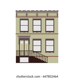 Beautiful detailed cityscape townhouse. Small town street with victorian building facades. Template for web, graphic, game app and motion design. Vector illustration EPS10