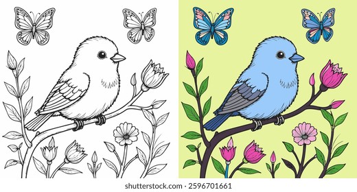 A beautiful and detailed coloring page featuring a cute bird perched on a branch surrounded by flowers and butterflies. This design comes in both black-and-white and colored versions.