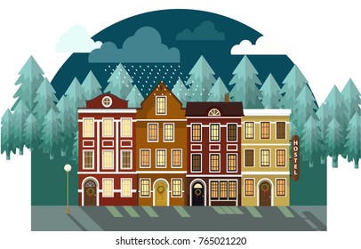 Beautiful detailed facades of old European buildings. Winter street. Vector flat illustration for web or advertising materials