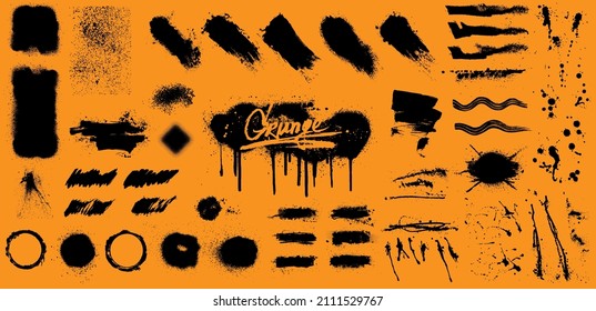 Beautiful And Detailed Grunge Set With Black Ink Splash, Blobs, Ink Brush Strokes, Spray Graffiti Stencil Template, Brushes And Other. Dirty Shapes And Texture Silhouettes With Paint Drop. Vector Set