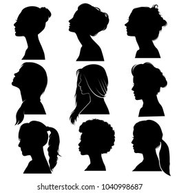 Beautiful Detailed Hair Women Face Profile Silhouette Set