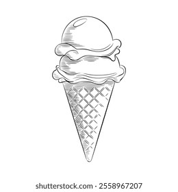 A beautiful, detailed line drawing of a delicious ice cream cone 