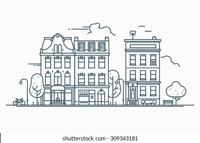 Beautiful detailed linear cityscape with various row townhouses, small town street with building facades thin line trendy illustration. Ideal for graphic, web and motion design