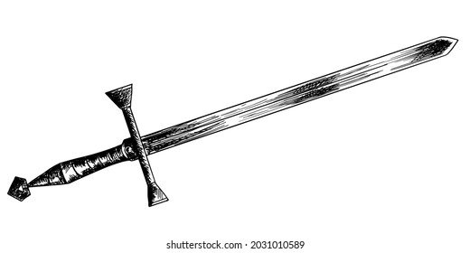 Beautiful detailed medieval sword on a white background. Knights weapon sketch. Excalibur of King Arthur. Blade of Strength.