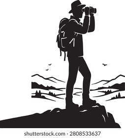 A beautiful and detailed minimalist vector silhouette featuring a hiker equipped with a backpack and binoculars, standing on a mountain peak overlooking a scenic landscape. This design beautifully captures the essence of outdoor adventure, wilderness exploration, discovery, and nature observation. Perfect for travel agency branding, outdoor sports websites, adventure gear marketing, nature blogs, and high-quality artistic design projects.