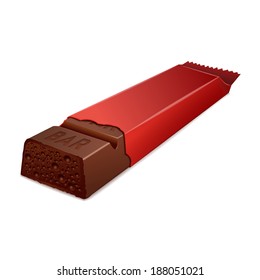 Beautiful detailed porous chocolate bar in red glossy wrap. Vector Illustration. Drop shadows are easy to remove.