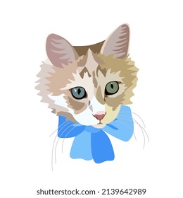 Beautiful detailed realistic color portrait of a fluffy ginger cat with green eyes in vector. A blue bow is tied around the neck. Cat head drawing isolated on white background.