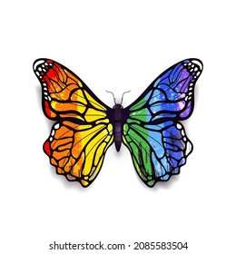 Beautiful detailed realistic magic butterfly in colourful rainbow colours isolated on white