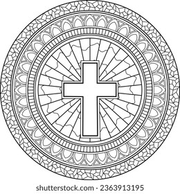 Beautiful detailed religious coloring mandala.Christian cross with stained glass and framing 