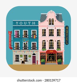 Beautiful detailed rounded corners square application icon on lodging and accommodation industry building hotel and youth hostel facades